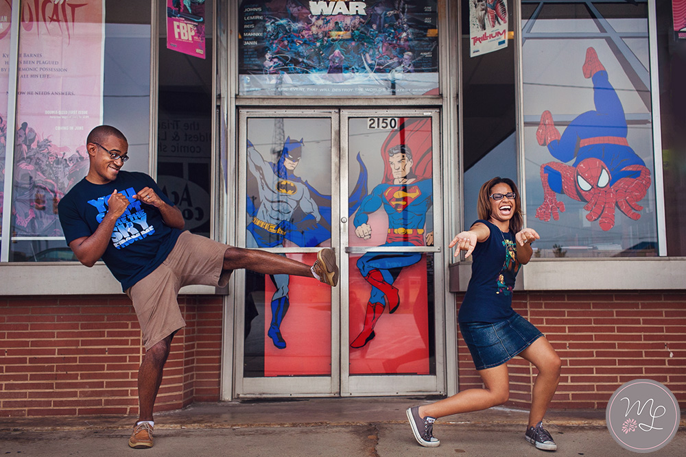 A super hero themed engagement session at Acme Comics in Greensboro, NC