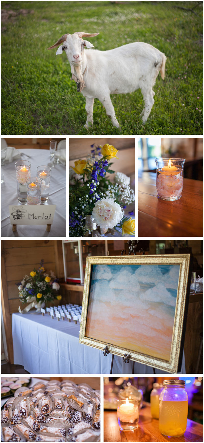 The bride and groom's reception details at their Upstate NY wedding candle votives, a hand painted guesbook, and gorgeous flowers