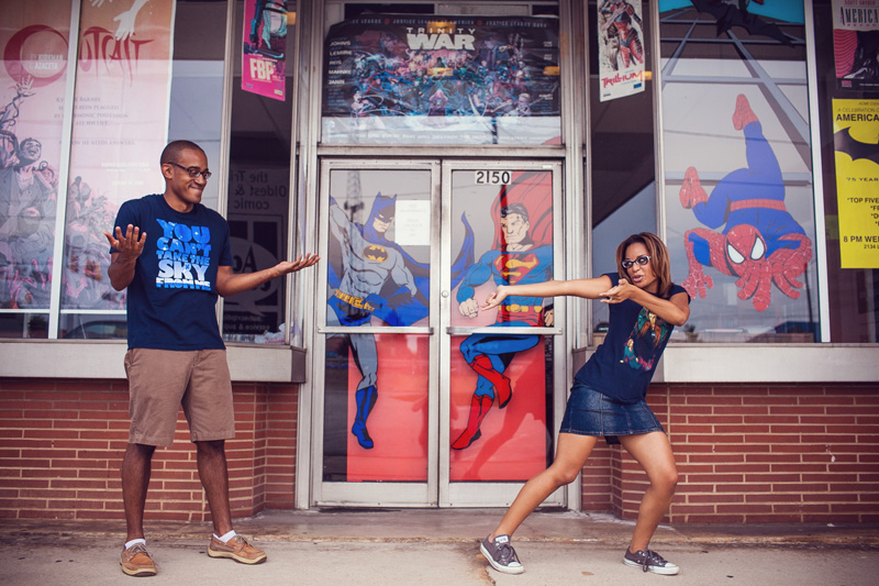Ariana practices her superhero moves while Brian surrenders in front of Acme Comics. Photo by Mabyn