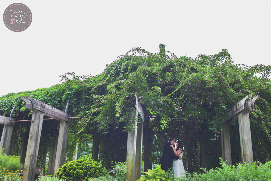 An ivy covered arbor adds that extra little bit of romance and composition to this wedding portrait in the Greensboro Arboretum.