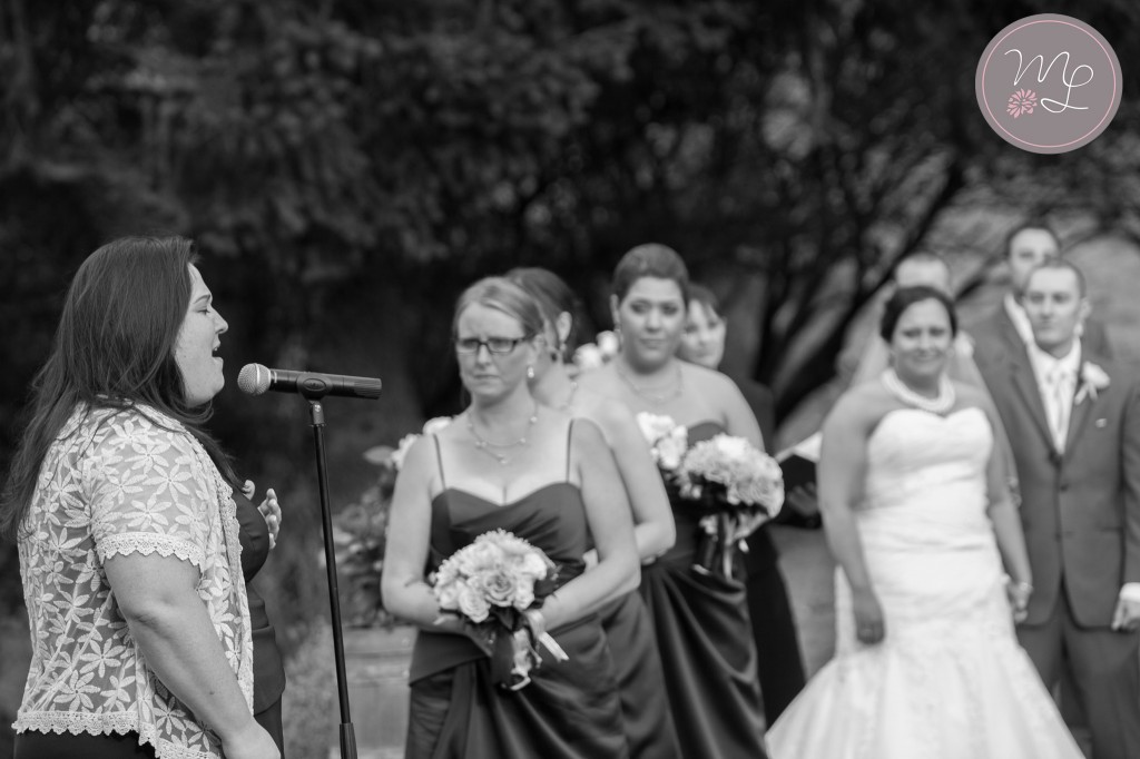 Liz, Steve, and their wedding party look on as their friend serenades them with a gorgeous Adel song at Calistoga Ranch in California. Mabyn Ludke Photorgraphy