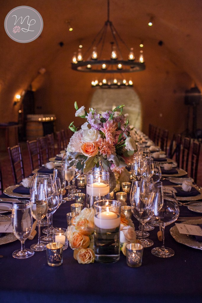 Jessica Kerns of So Eventful created an elegant table setup for Liz & Steve's gorgeous wedding with the help of Bella Vita Event Productions in the Wine Cave at Calistoga Ranch. Mabyn Ludke Photography