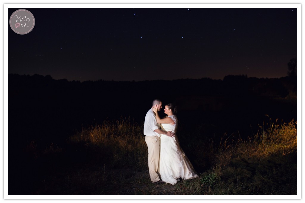 Unique and artistic wedding photographer in Greensboro, Mabyn Ludke, captures this night time shot of the bride and grom.