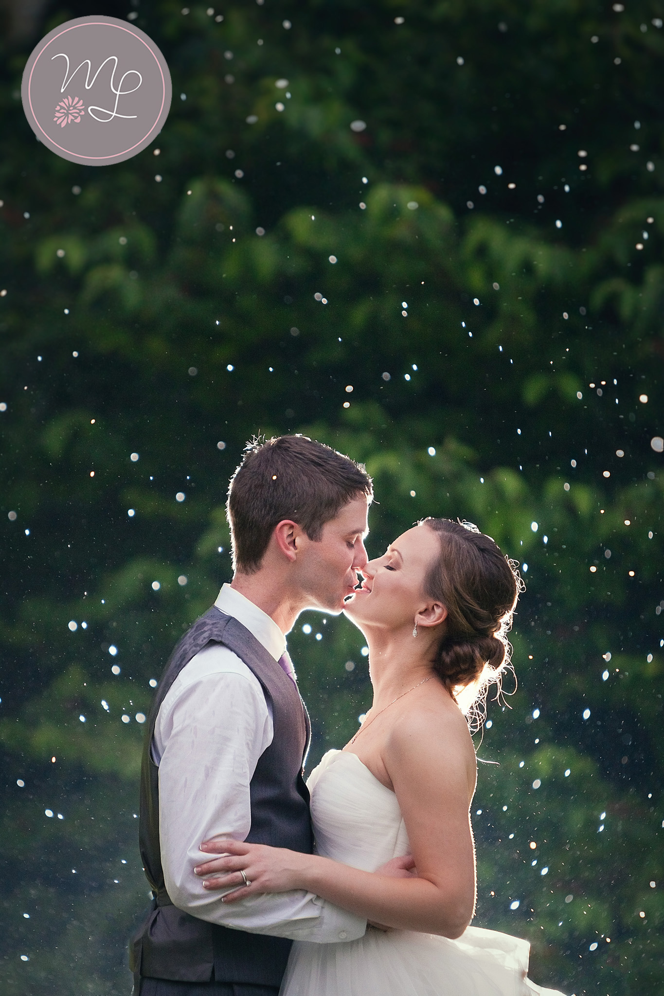 Newly Weds kissing int he rain Duke Gardens Raleigh, NC Wedding Photographer Mabyn Ludke Photography