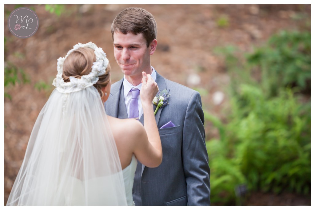 Julia and Drew's emotional and tearful first look at Duke Gardens. Photographed by Durham wedding photographer, Mabyn Ludke.