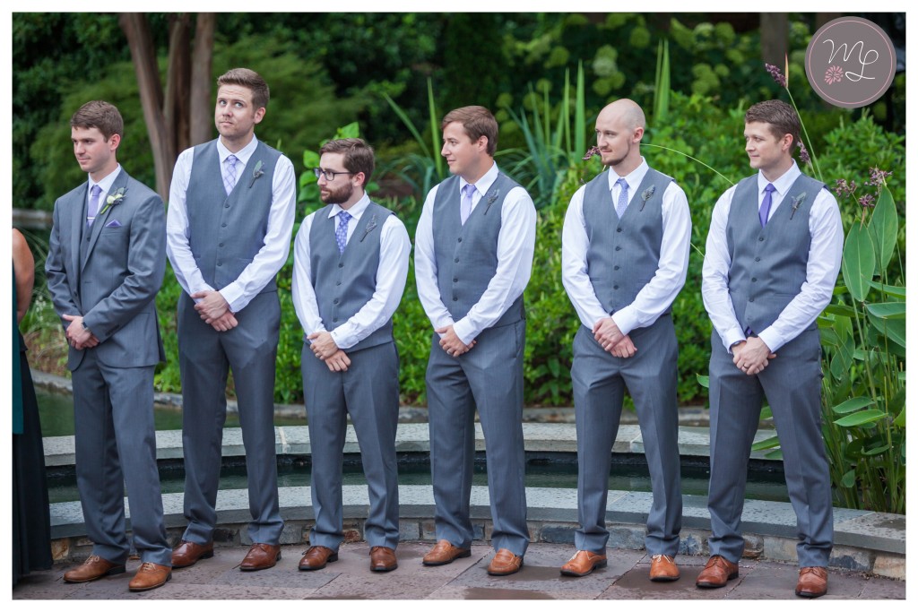 Groomsmen in gray vests and brown shoes at this Sarah P. Duke Gardens wedding in Durham.