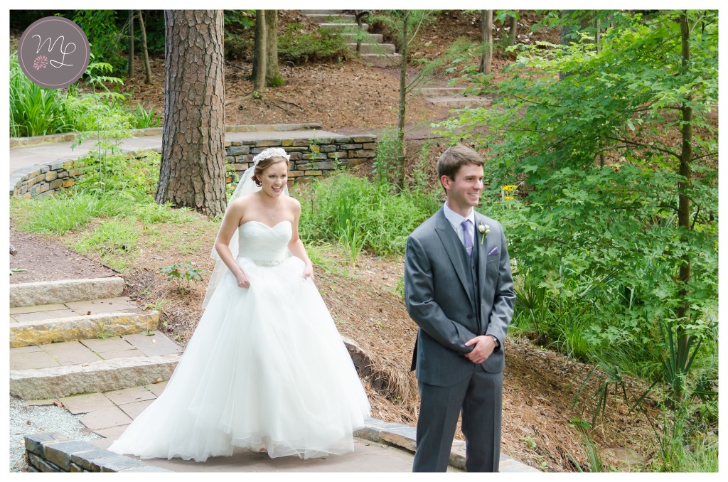 a sweet first look in the pathways of Duke Gardens. © Mabyn Ludke Photography, Durham, NC wedding photographer