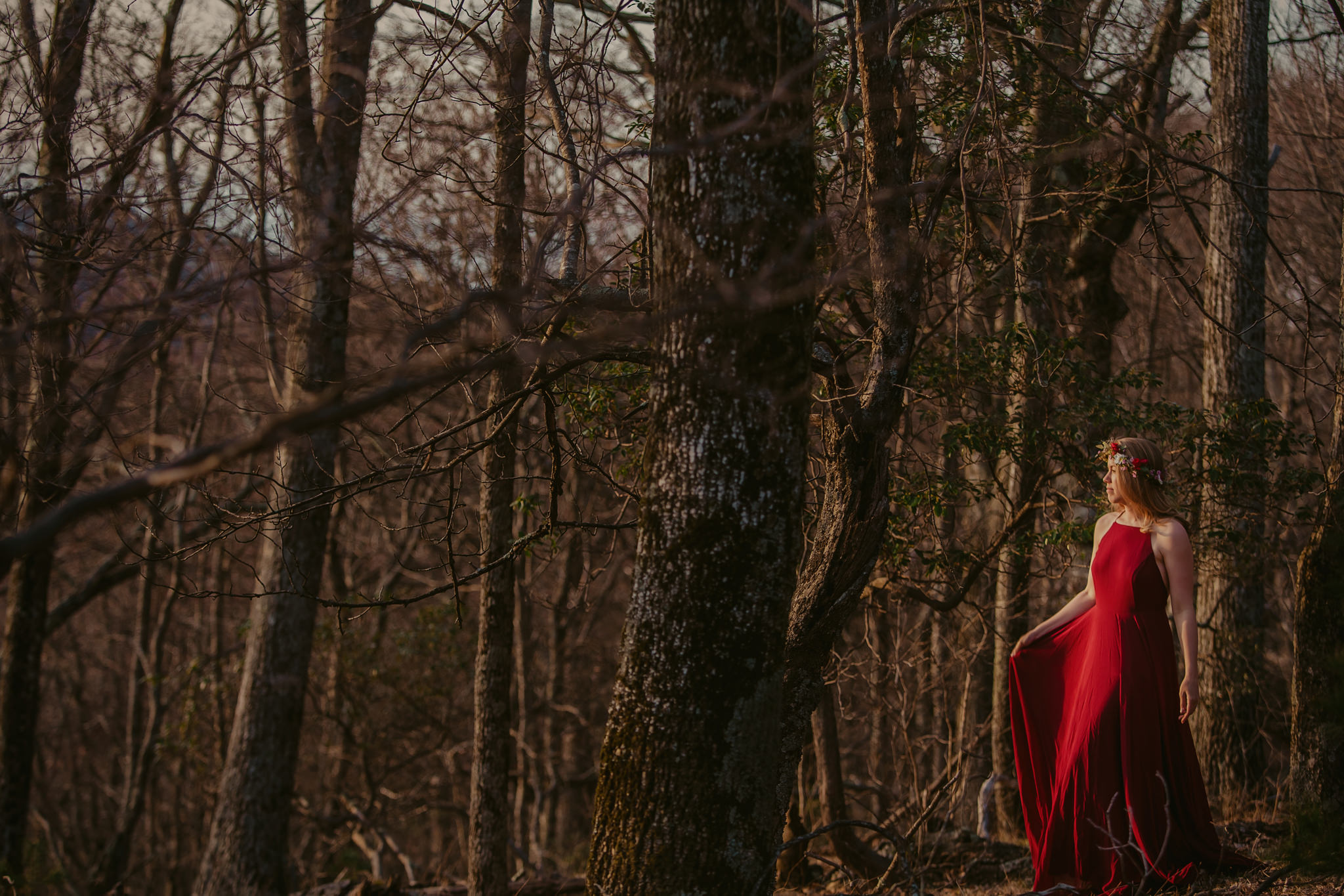 A beautiful woman poses in an elegant red dress and floral crown in the woods of Doughton Park near Sparta, NC. Mabyn Ludke Photography.