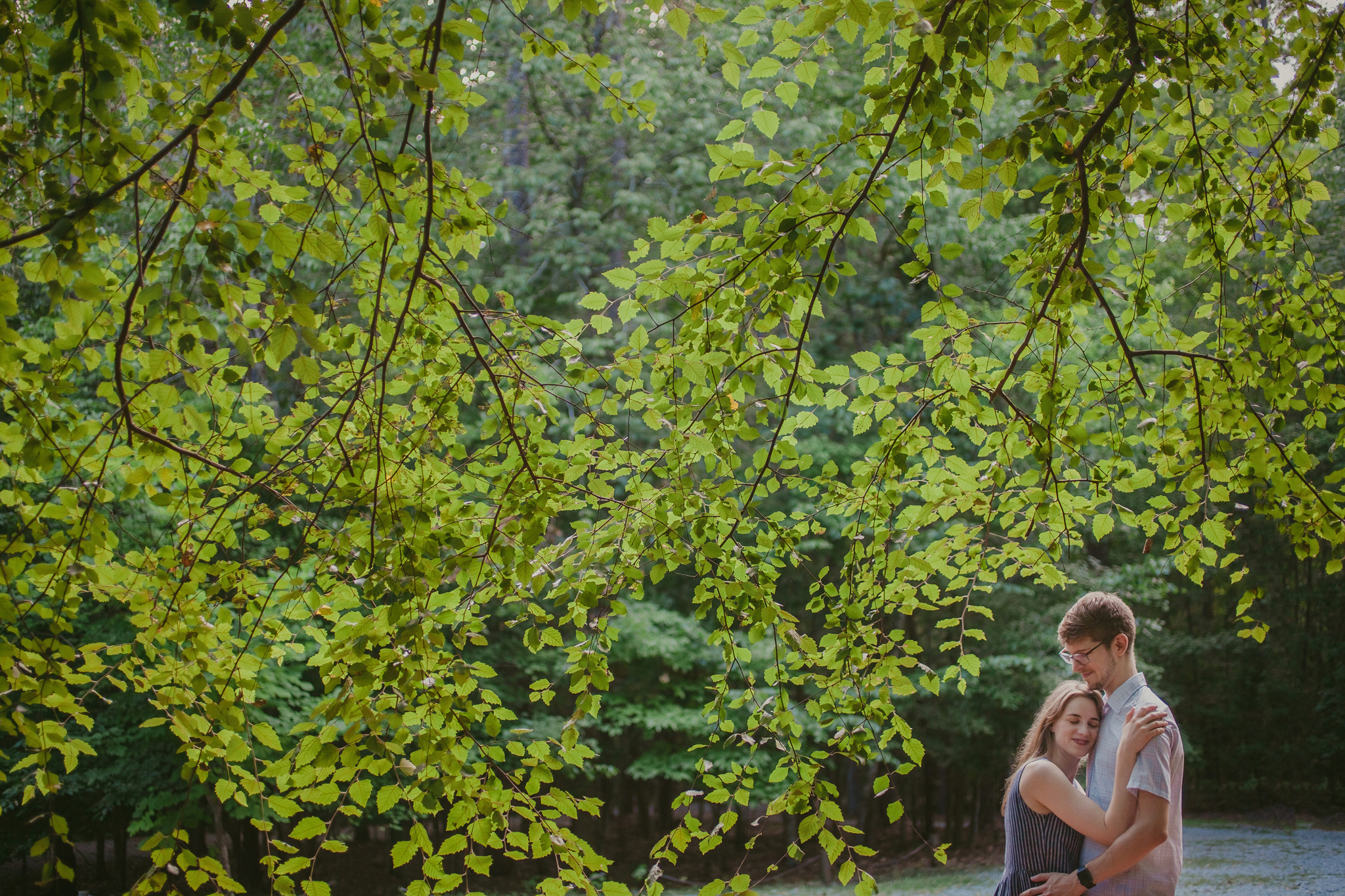 A couple snuggles under a tree during their engagement session in Greensboro NC