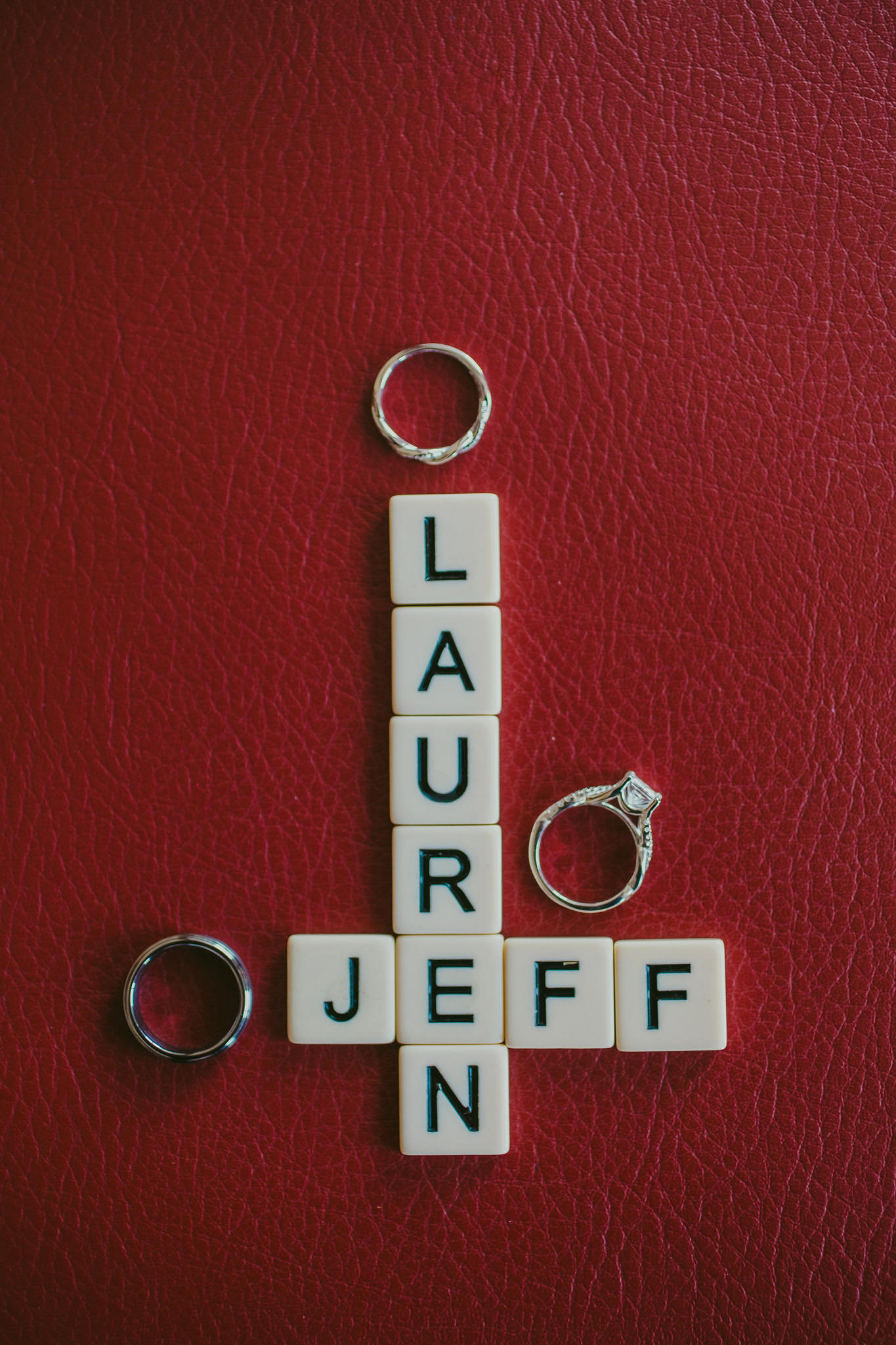 Scabble pieces that say Lauren & Jeff framed by wedding rings