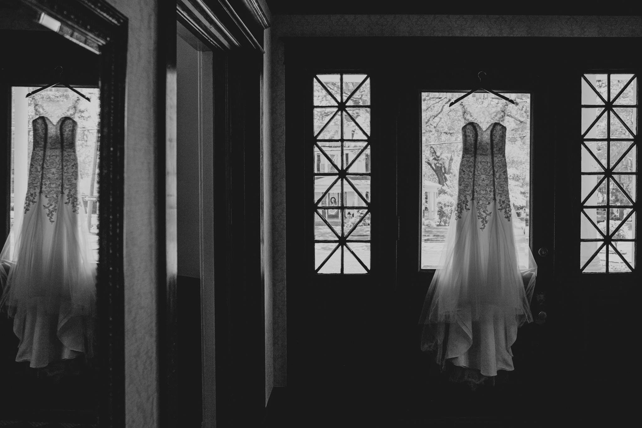 The wedding gown reflected in a mirror at the Shuford House in Hickory, NC