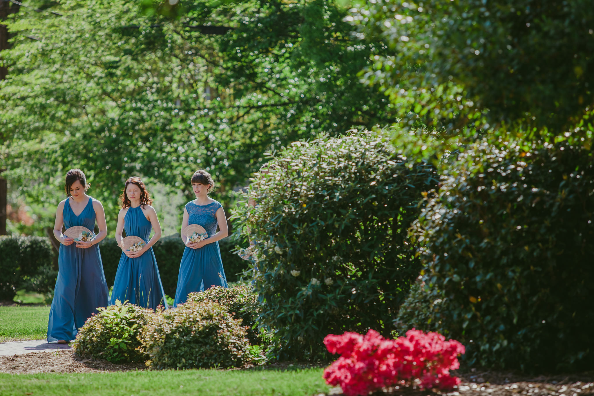 Bridesmaids in blue at the Shuford House in Hickory, NC