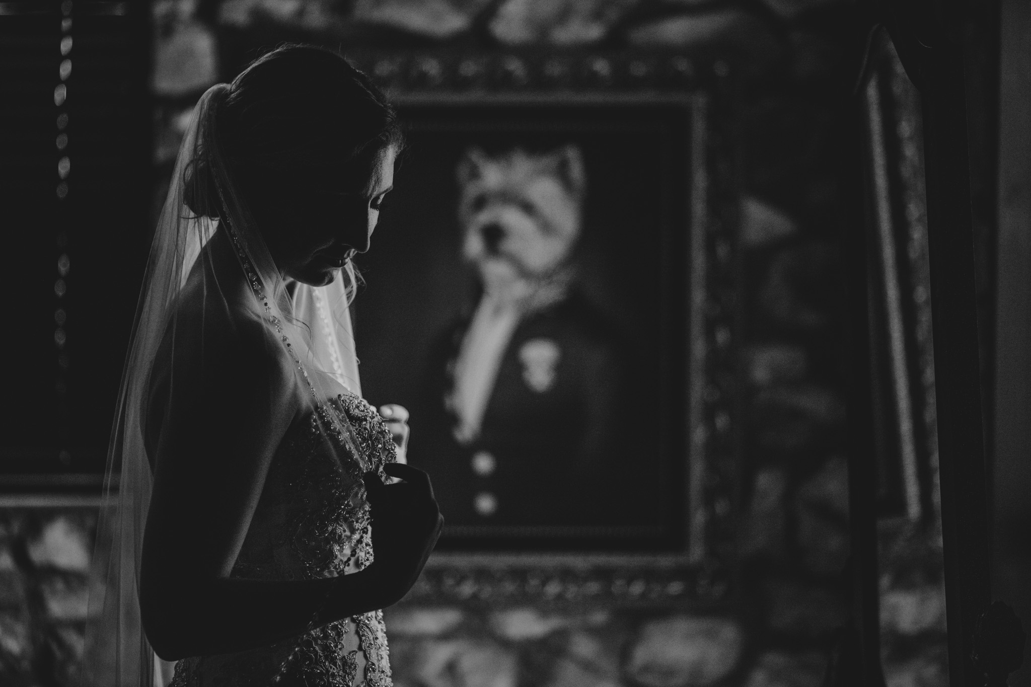 a moody black and white bridal portrait at Asheville's Crest Pavilion