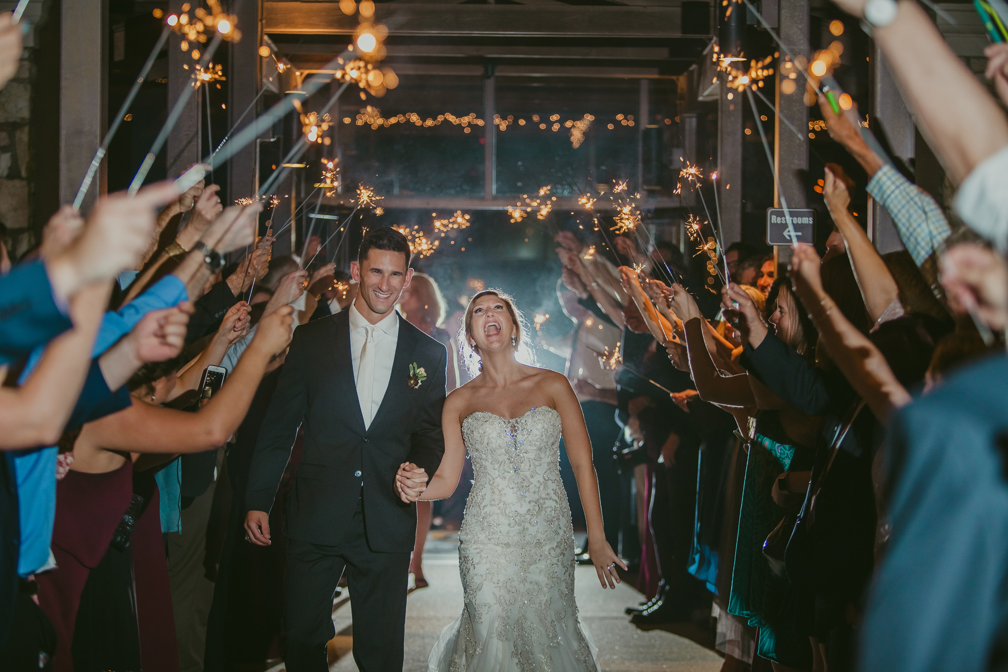 Bride and groom's sparkler exit from their Crest Pavilion wedding reception