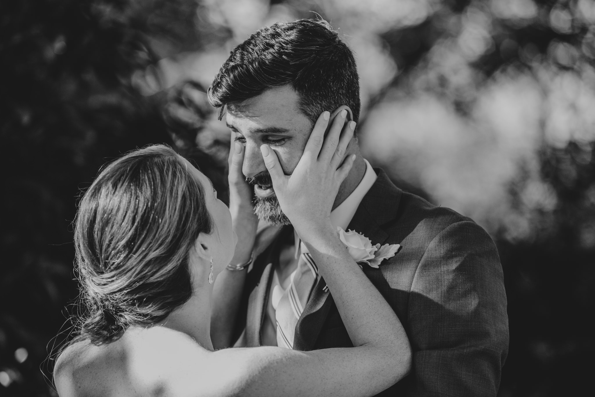 Bride wipes away groom's tears at their Alexander Homestead first look