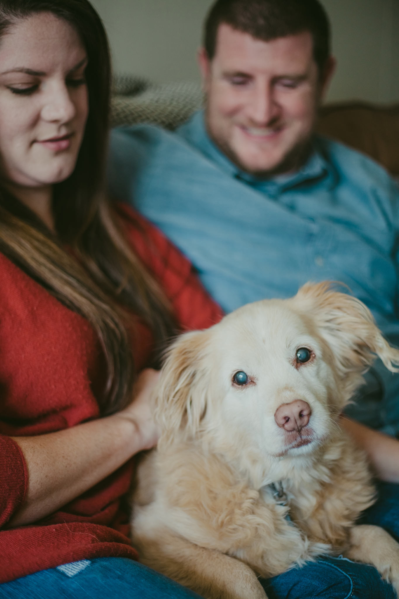 Couple snuggles with dog at their home engagement session in Charlotte